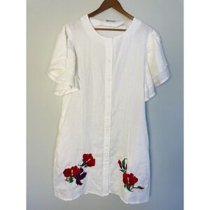 Fanm Mon 100% Linen White Embroidered Flower Puff Sleeve Knee Length Dress. Med.